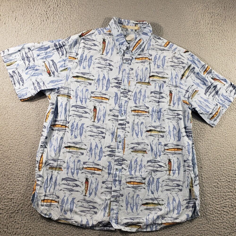 Columbia Shirt Men's XL Blue River Lodge Fishing Button Up All Over Print Lures